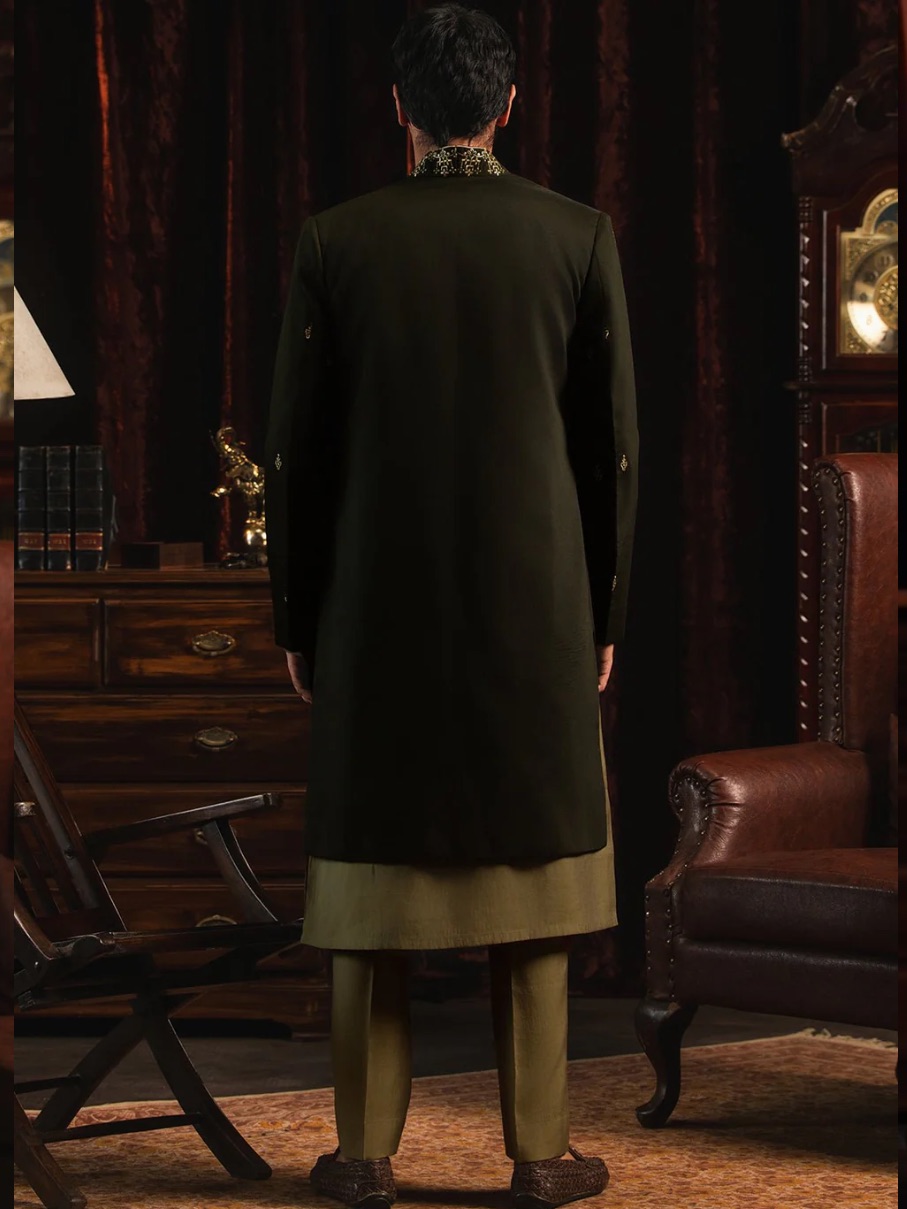 Embroidered Dark Green Sherwani Coat For Men — image 3 of 5